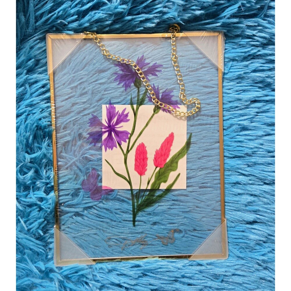 Dolly Parton Hanging Printed Glass Plaque Peri Blue Flowers wth Gold Chain 8"x6"